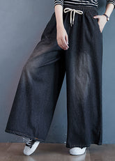 Schwarze Patchwork-Jeans mit weitem Bein und elastischer Taille